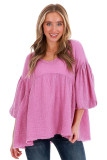 Pink Crinkle Bubble Sleeve Raw Hem Babydoll Blouse