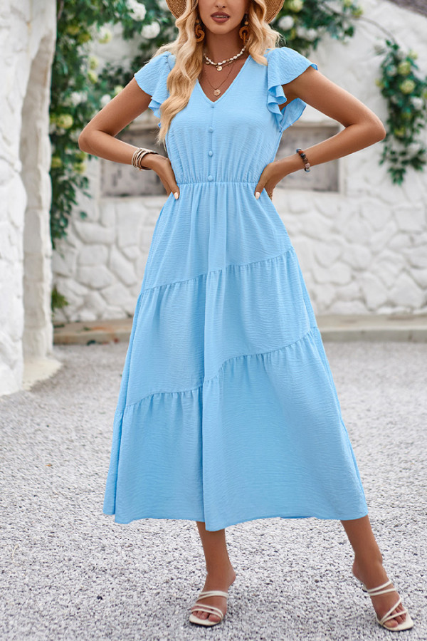 Plain V Neck Button Ruffles Sleeves Maxi Dress