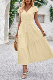 Plain V Neck Button Ruffles Sleeves Maxi Dress