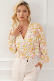 Multicolor Shirred Puff Sleeve V Neck Floral Bodysuit