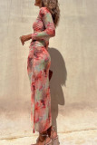 Tie Dye Mesh Ruched Split Maxi Dress