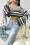 Multicolor Stripe Tassels Sleeves Crop Sweater