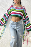 Multicolor Stripe Tassels Sleeves Crop Sweater