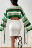 Multicolor Stripe Tassels Sleeves Crop Sweater