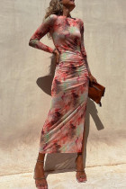 Tie Dye Mesh Ruched Split Maxi Dress