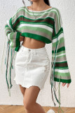 Multicolor Stripe Tassels Sleeves Crop Sweater