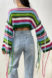 Multicolor Stripe Tassels Sleeves Crop Sweater