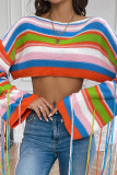 Multicolor Stripe Tassels Sleeves Crop Sweater