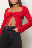 Red Square Neck Long Sleeves Crop Top