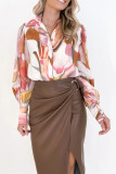 Abstract Print Button Up Puff Blouse