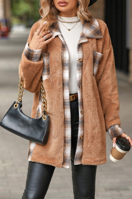 Plain Splicing Plaid Button Up Fleece Jacket