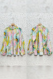 Tie Dye Floral Print Button Up Puff Blouse Shirt