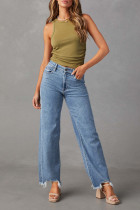 Blue High Waist Raw Hem Jeans