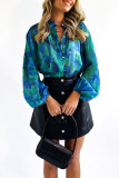 Tie Dye Floral Print Button Up Puff Blouse Shirt
