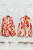 Tie Dye Floral Print Button Up Puff Blouse Shirt