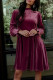 Burgundy Smocked High Neck Flounce Sleeve Velvet Dress