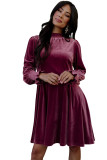 Burgundy Smocked High Neck Flounce Sleeve Velvet Dress