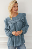 Sky Blue Lace Eyelet Ruffle Shoulder Long Sleeve Blouse