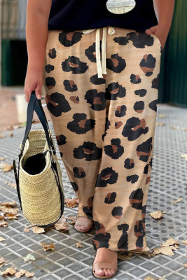 Light French Beige Leopard Print Drawstring Wide Leg Plus Size Lounge Pants