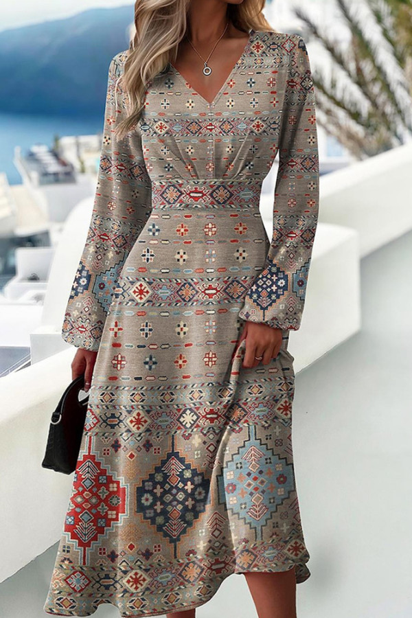 Aztec Print V Neck High Waist Midi Dress