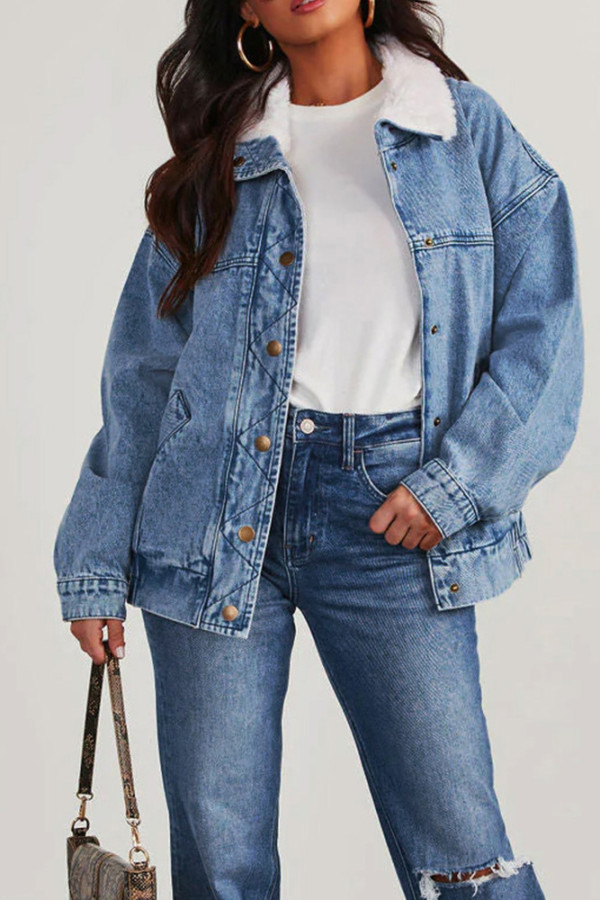 Wash Blue Fur Neckline Button Up Denim Jacket