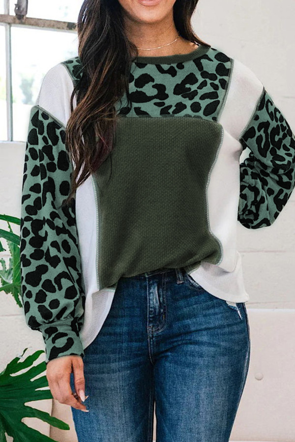 White Leopard Colorblock Patchwork Knit Top