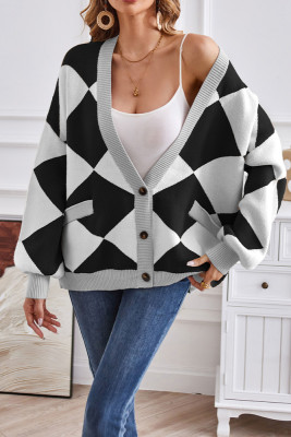 Geometric V Neck Button Knitting Cargidan