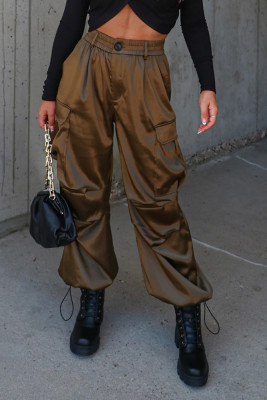 Plain Silky Elastic Waist Drawstring Leg Pants
