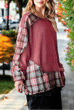 Red Splicing Plaid Pullover Sweatshirt