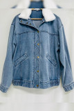 Wash Blue Fur Neckline Button Up Denim Jacket