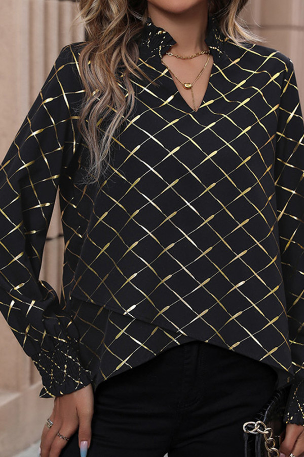Black Frilled V Neck Foil Print Blouse