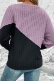 V Neck Color Block Button Cuff Rib Long Sleeves Top