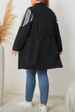 Black Splicing Geometric Print Zipper Drawstring Plus Size Jacket