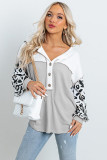 Light Grey Leopard Sleeve Patchwork Waffle Knit Top
