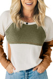 Green Color Block Exposed Seam Waffle Knit Long Sleeve Top