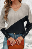 V Neck Color Block Button Cuff Rib Long Sleeves Top