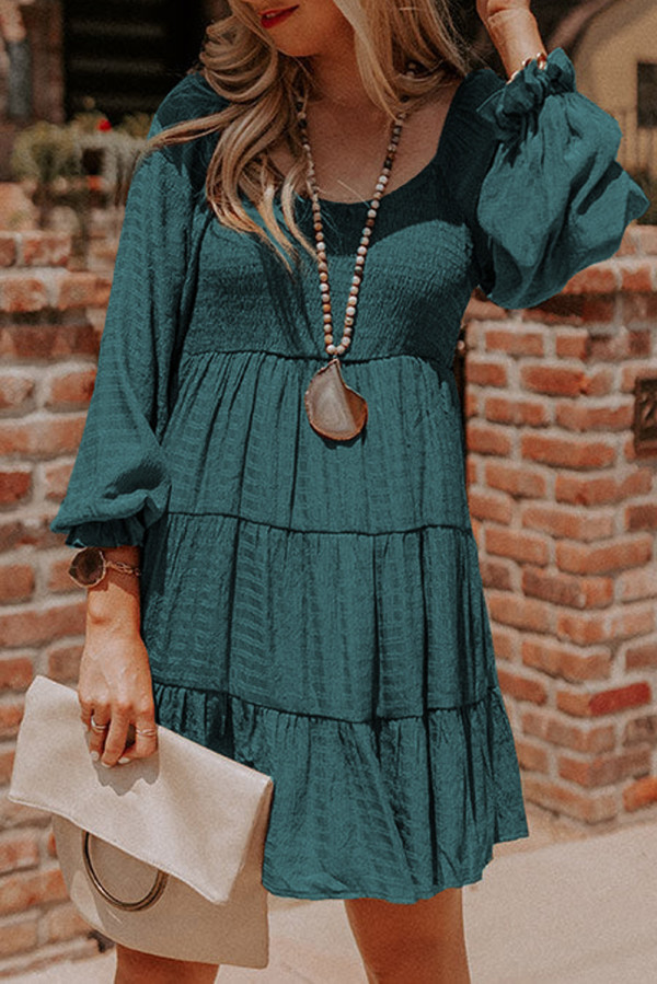 Mist Green Brown Bishop Sleeve Smocked Tiered Mini Dress