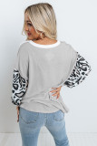 Light Grey Leopard Sleeve Patchwork Waffle Knit Top