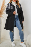 Black Splicing Geometric Print Zipper Drawstring Plus Size Jacket