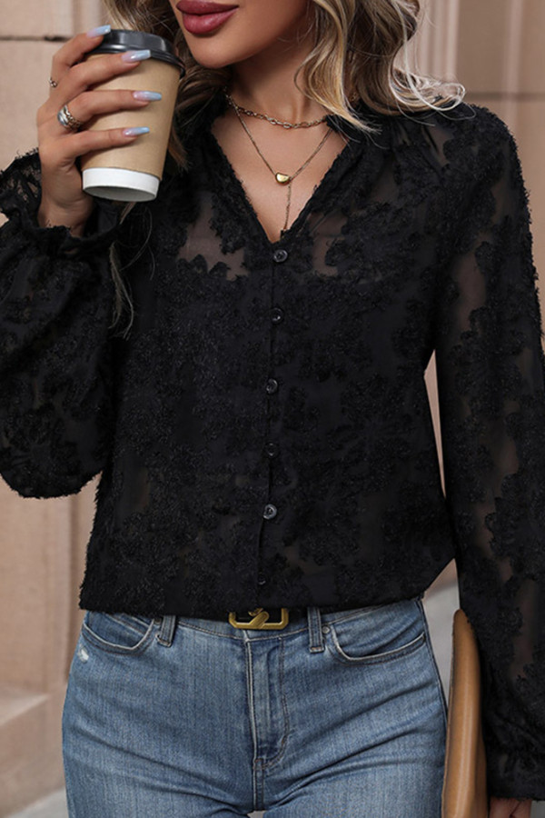 Black Lace Crochet V Neck Button SHirt