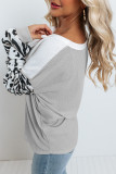 Light Grey Leopard Sleeve Patchwork Waffle Knit Top