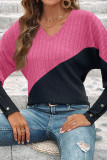 V Neck Color Block Button Cuff Rib Long Sleeves Top