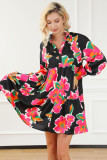 Multicolour Frill Collar Split Neck Long Sleeve Floral Dress