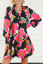 Multicolour Frill Collar Split Neck Long Sleeve Floral Dress