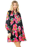 Multicolour Frill Collar Split Neck Long Sleeve Floral Dress