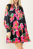 Multicolour Frill Collar Split Neck Long Sleeve Floral Dress