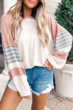 Multicolour Geometric Color Block Waffle Knit Long Sleeve Top