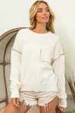 Beige Exposed Stitching Chest Pocket Drop Shoulder Sweater