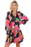 Multicolour Frill Collar Split Neck Long Sleeve Floral Dress