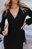 Plain V Neck Knit Midi Dress With Sash